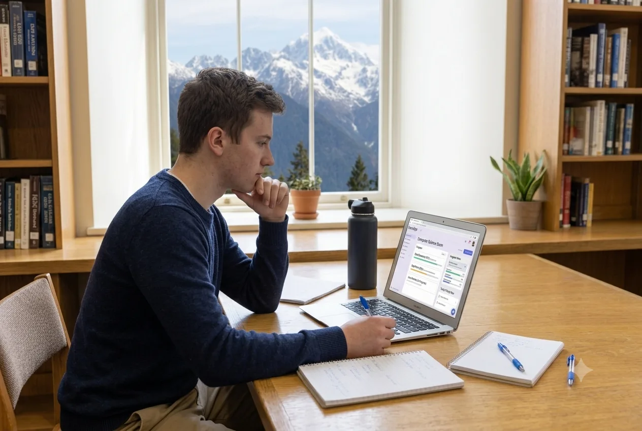 A student reviewing ExamEdge feedback beside a window