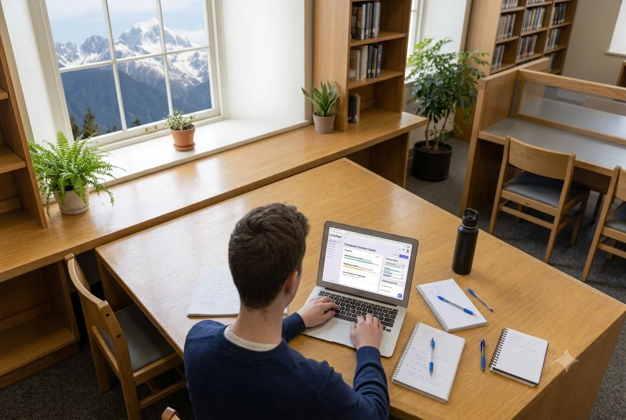 Overhead view of a student answering questions on ExamEdge at a desk