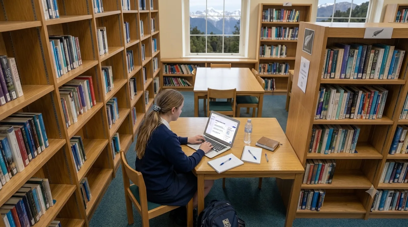 A student working through an ExamEdge practice set in a school library